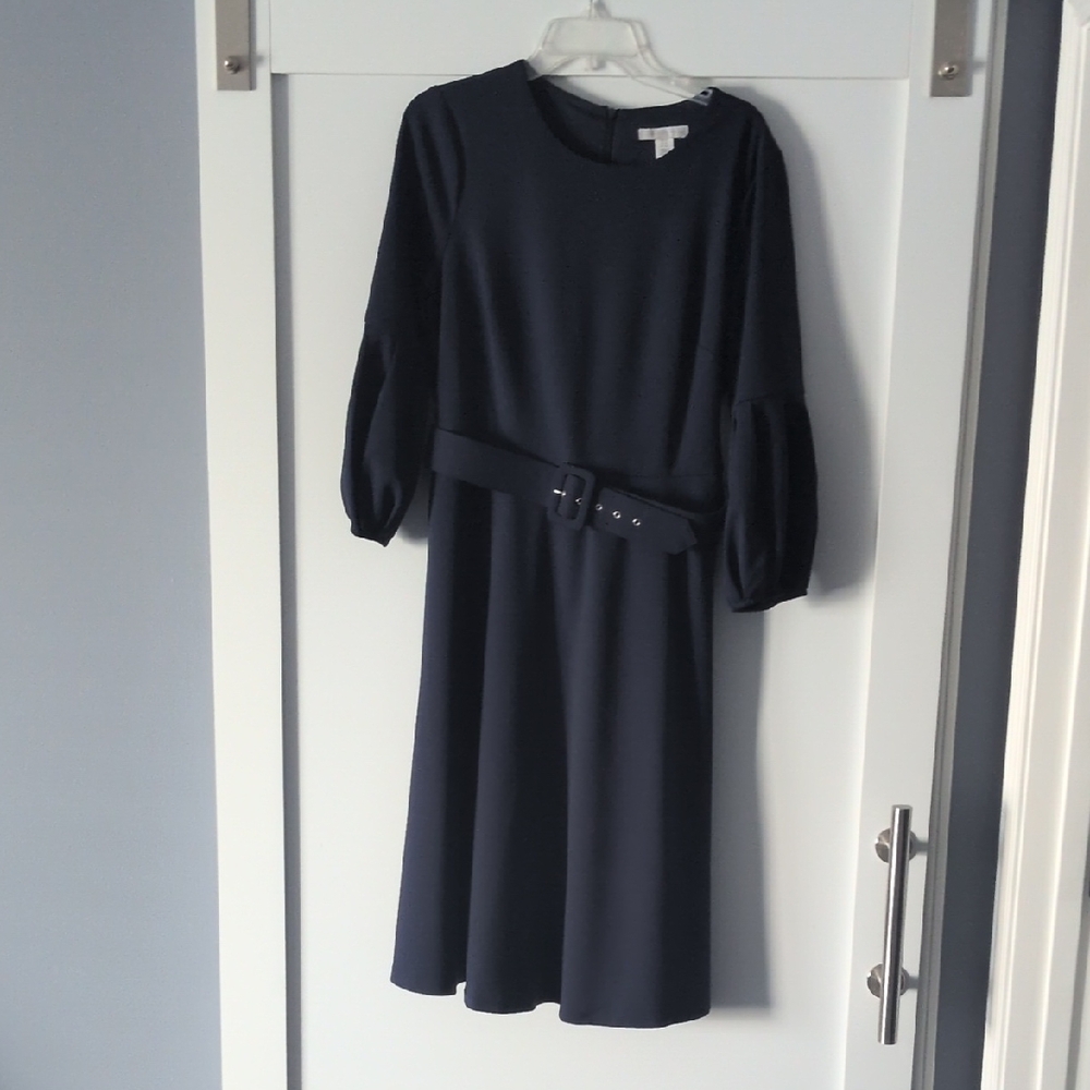 London Times Navy Long Sleeve Dress with Belt